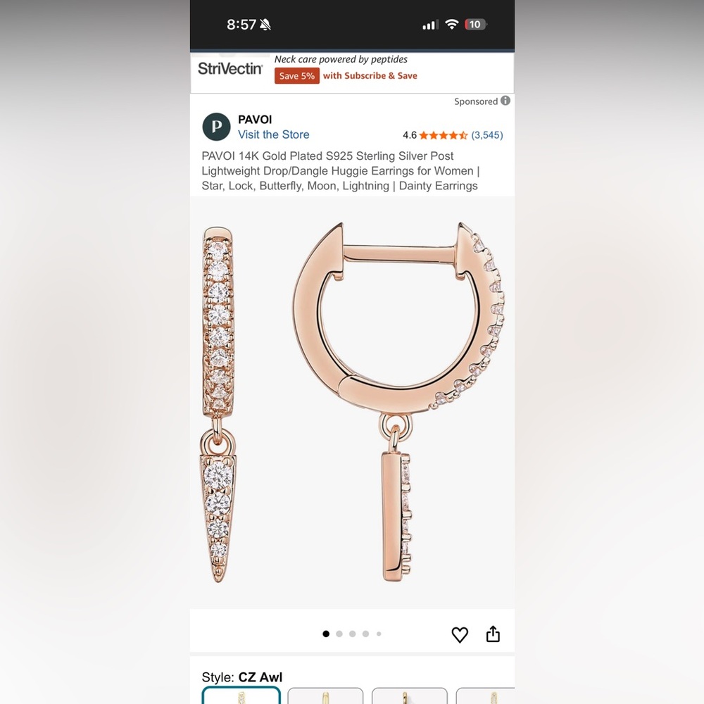 PAVOI 14K Gold Plated Huggie CZ Awl Rose Gold